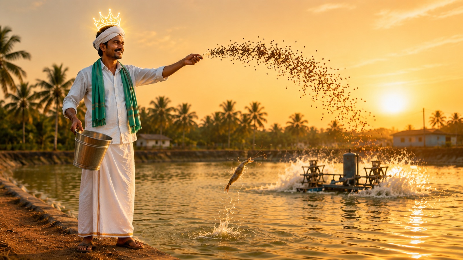Raithe Raju — an aqua farmer feeding his shrimp pond at sunset