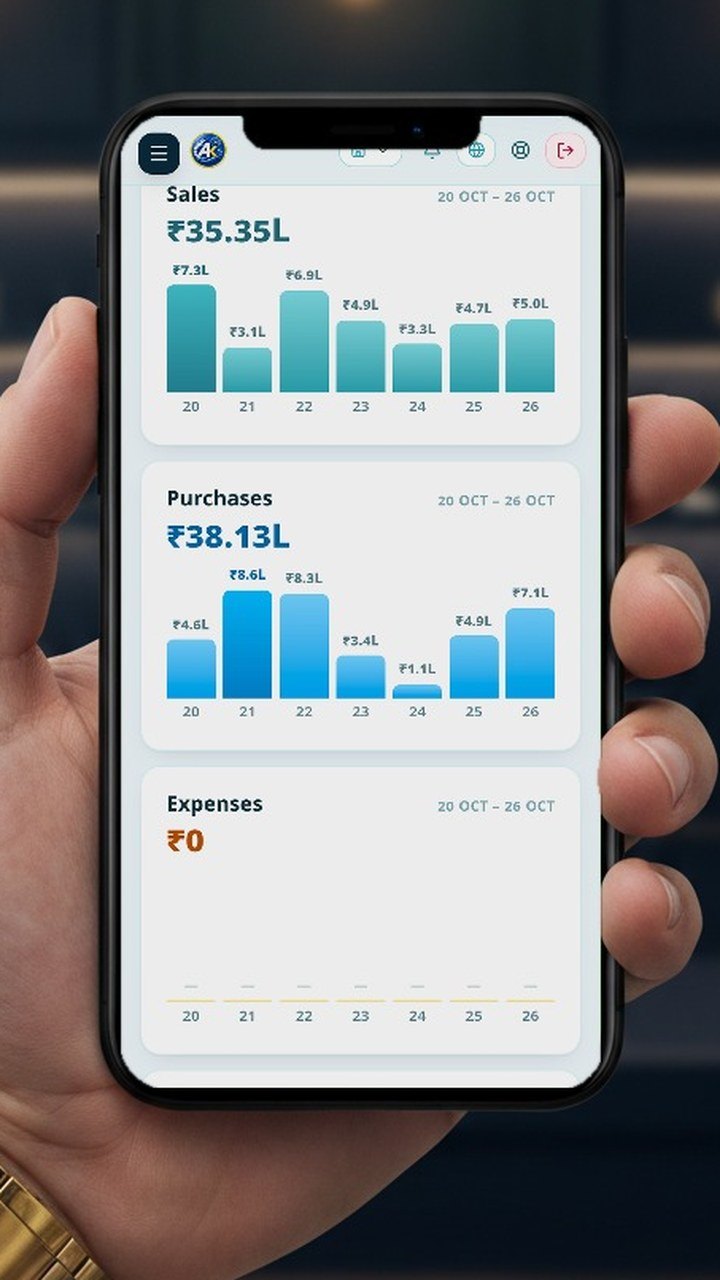 AquaKhata on a phone — This week — sales, purchases, expenses, profit