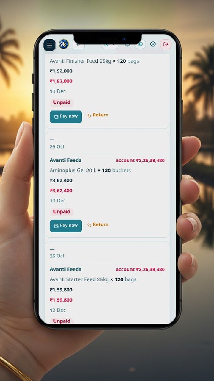 AquaKhata on a phone — Purchases by the ton, priced to the bag