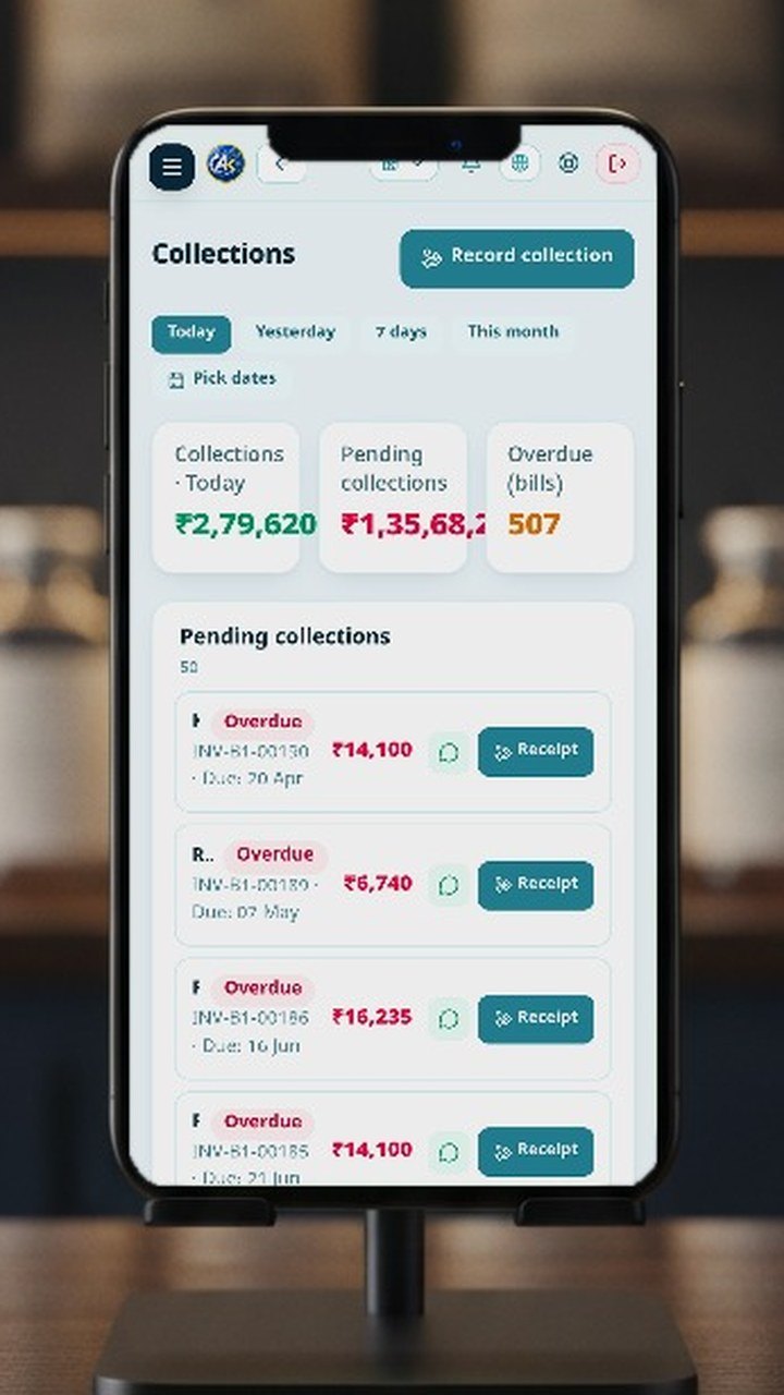 AquaKhata on a phone — Collections, recorded as they come in